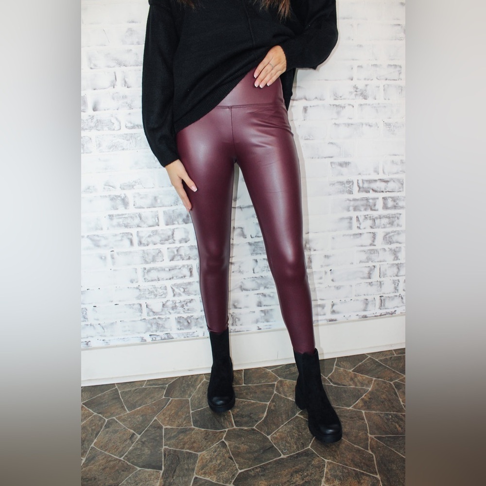 NWT Zenana Burgundy Maroon High Rise Full Length Faux Leather Leggings L - Picture 2 of 10